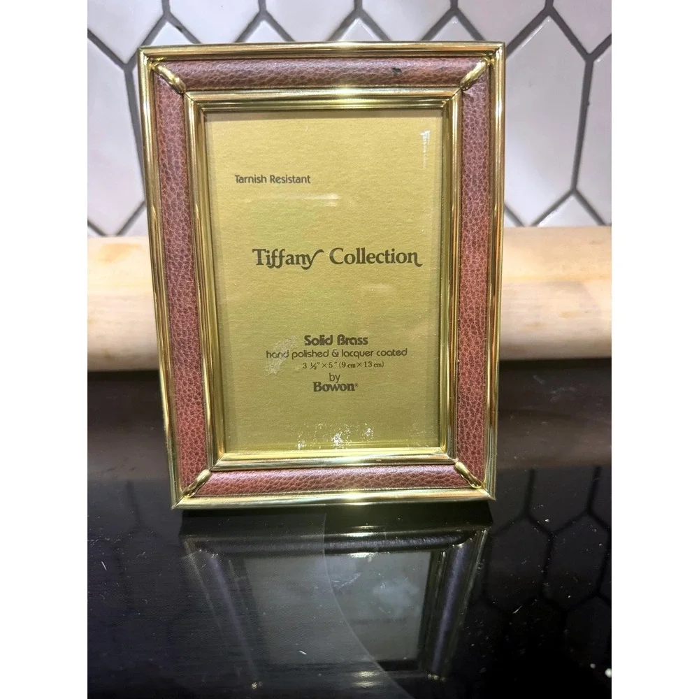 Vintage Bowon Tiffany Collection Solid Brass & Faux Leather Picture Frame 3.5x5